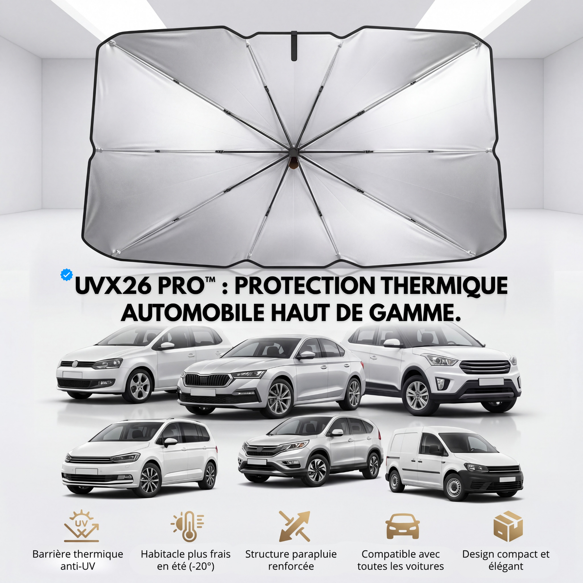 Pare-Soleil Avant Anti-Chaleur UVX 26 PRO™ – Jusqu’à -30 °C dans l’habitacle
